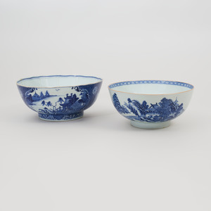 Two Chinese Export Blue and White Punch Bowls 