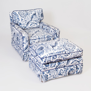 blue and white chair and ottoman