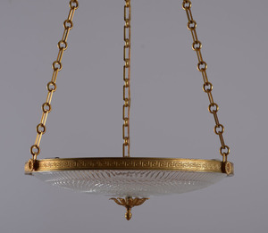 Pair of Regency Style Cut-Glass and Gilt-Metal Three-Light Chandeliers