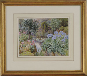 BEATRICE PARSONS (1870-1955): LILIES, AGAPANTHUS AND YUCCA BY A POOL