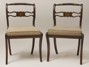 Pair of Regency Marquetry and Brass-Inlaid Mahogany Side Chairs, Possibly Irish