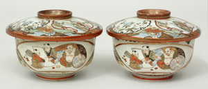 Pair of Japanese Kutani Porcelain Covered Rice Bowls