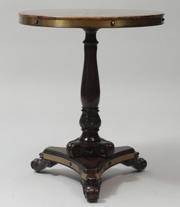 Regency Style Brass and Burlwood Inlaid Pedestal Table