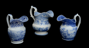 THREE STAFFORDSHIRE BLUE TRANSFER-PRINTED PITCHERS