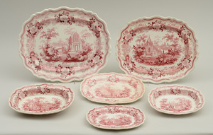 ASSEMBLED SET OF SIX STAFFORDSHIRE RED TRANSFER-PRINTED ARTICLES