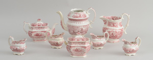 GROUP OF EIGHT STAFFORDSHIRE RED TRANSFER-PRINTED ARTICLES