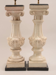 Pair of Ivory-Glazed Pottery Ionic Column-Form Lamps
