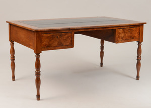 Louis Philippe Burl Walnut and Leather Bureau Plat