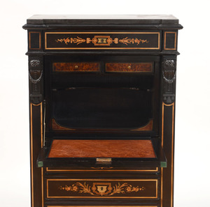 Victorian Maple and Fruitwood Marquetry-Inlaid Ebonized Fall-Front Secretary
