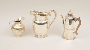 James Rolinson Silver Octagonal Coffee Pot, an American Silver Water Pitcher and a Silver-Plated Reeded Pitcher