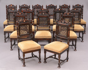 Set of Sixteen Middle Eastern Stained Hardwood Dining Chairs