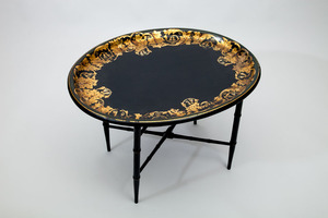 Victorian Black Painted and Parcel-Gilt Papier-Mâché Tray on Stand