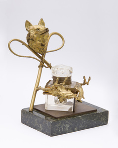 FRENCH GILT-METAL MOUNTED GLASS INK WELL ON MARBLE STAND