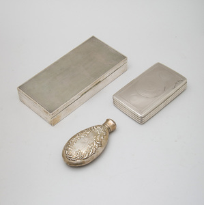 DUTCH SILVER TOBACCO BOX, A CONTINENTAL WOOD-LINED SILVER (800) CIGARETTE BOX AND AN AMERICAN REPOUSSÉ SILVER FLASK