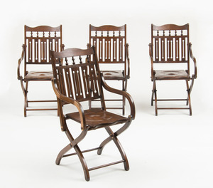 FOUR ANGLO-INDIAN TEAK AND BRASS-MOUNTED FOLDING CAMPAIGN CHAIRS