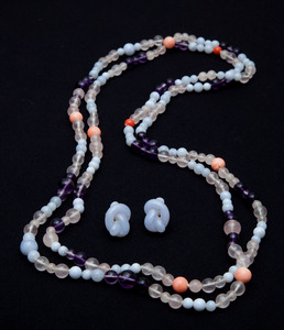 Pair of Tiffany & Co. 18k Gold and Chalcedony Earclips and a Chalcedony, Amethyst, Quartz and Coral Necklace