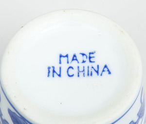 Chinese Blue and White Bowl with Brown Exterior, Two Hexagonal Dishes, a Footed Dish, Three Cups, and Eight Spoons