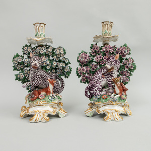 Pair of Chelsea Porcelain Fable Candlesticks