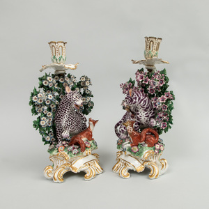 Pair of Chelsea Porcelain Fable Candlesticks