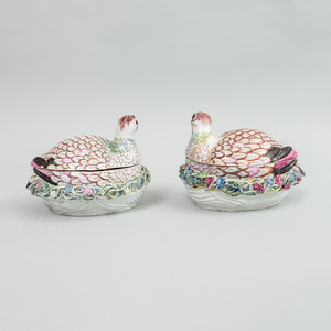 Pair of English Porcelain Quail Boxes and Covers