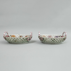 Pair of Chelsea Porcelain Flower Encrusted Reticulated Baskets