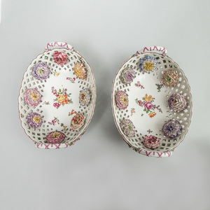 Pair of Chelsea Porcelain Flower Encrusted Reticulated Baskets
