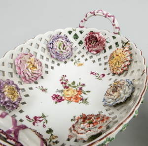 Pair of Chelsea Porcelain Flower Encrusted Reticulated Baskets