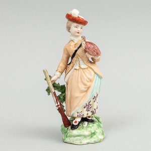 Derby Porcelain Figure of a Lady Hunter with Shot Gun and Holding a Pheasant
