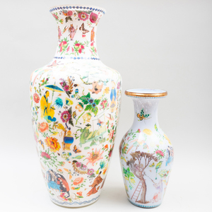 Large Chinoiserie Decalcomania Vase and a Smaller Chinoiserie Decalcomania Vase