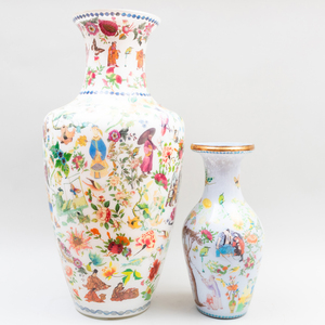 Large Chinoiserie Decalcomania Vase and a Smaller Chinoiserie Decalcomania Vase