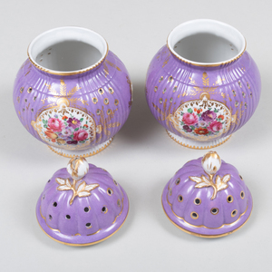 Pair of English Lilac Ground Vases and Covers