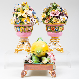 Pair of Derby Porcelain Models of Bouquets and a Pear Form Inkwell