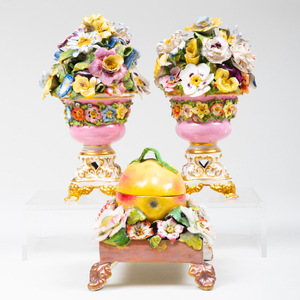 Pair of Derby Porcelain Models of Bouquets and a Pear Form Inkwell