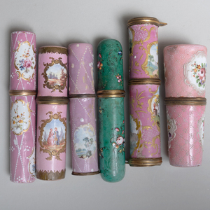 Group of Pink Ground Staffordshire Enamel Table Articles