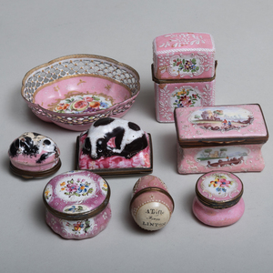Group of Pink Ground Staffordshire Enamel Table Articles