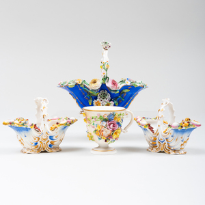 Pair of Chamberlains Worcester Porcelain Shell Encrusted Baskets, a Flower Encrusted Basket, and a Derby Flower Encrusted Cup 