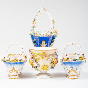 Pair of Chamberlains Worcester Porcelain Shell Encrusted Baskets, a Flower Encrusted Basket, and a Derby Flower Encrusted Cup 