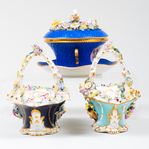 Two English  Flower Encrusted Porcelain Baskets and a Jacob Petit Porcelain Bowl, Cover and Underplate