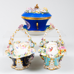 Two English  Flower Encrusted Porcelain Baskets and a Jacob Petit Porcelain Bowl, Cover and Underplate
