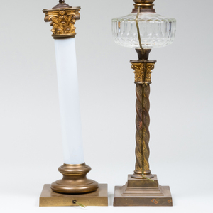 Gilt-Metal-Mounted Opaline Glass Columnar Lamp and a Gilt-Metal Columnar Table Lamp