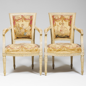 Pair of Louis XVI Gray Painted Fauteuils en Cabriolet
