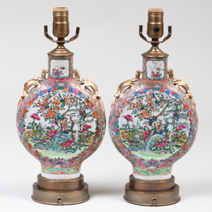 Pair of Chinese Export Pilgrim Flasks Mounted as Lamps