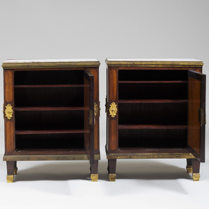 Pair of Small Louix XVI Style Gilt-Metal-Mounted Rosewood and Fruitwood Marquetry Side Cabinets