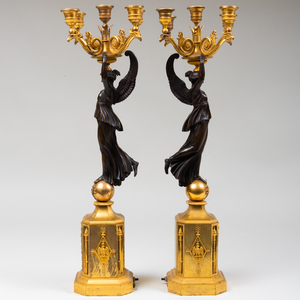 Pair of Empire Bronze and Ormolu Five-Light Candelabra