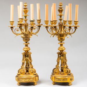 Pair of Louis XVI Style Gilt-Bronze Six-Light Candelabra