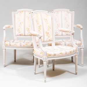 Set of Three Late Louis XVI Style Cream and Grey Painted Fauteuils en Cabriolet