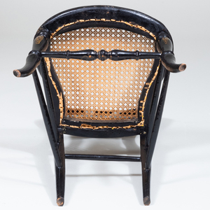 Victorian Mother-of-Pearl Inlaid Black Lacquer and Caned Side Chair