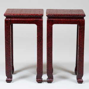Pair of Red Painted Rattan Side Tables