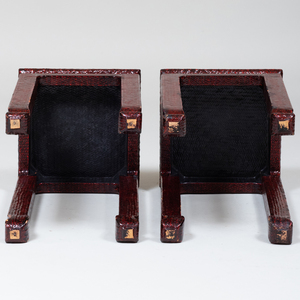 Pair of Red Painted Rattan Side Tables