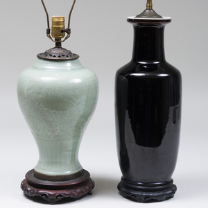 Chinese Celadon Glazed Porcelain Vase Mounted as a Lamp and a Chinese Black Glazed Vase Mounted as a Lamp